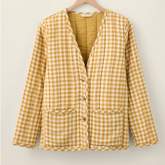 Garnet Hill Jackets & Blazers - NWT GARNETT HILL Organic-Cotton Quilted Gauze Shacket In Raffia Gold Checker Sm